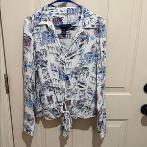 Karen Kane Blue and White Patterned Button-Down Shirt